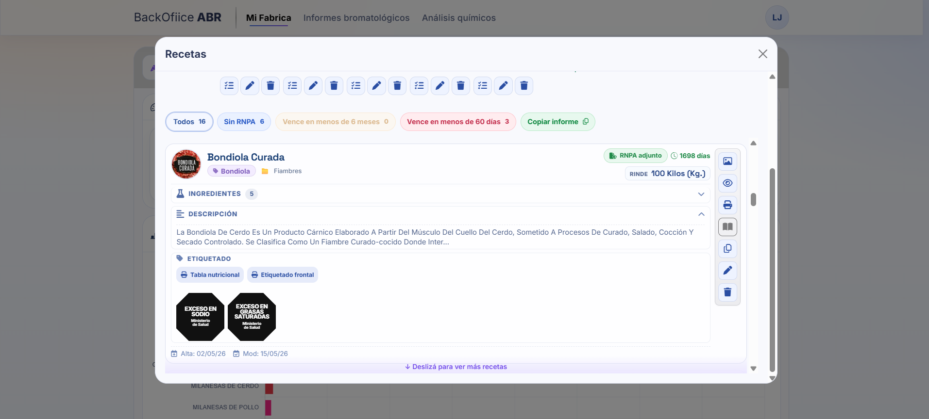Ficha de receta con descripción, RNPA, rendimiento y sellos BackOffice ABR
